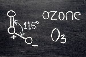 name, chemical formula and structure diagram of Ozone handwritten on blackboard